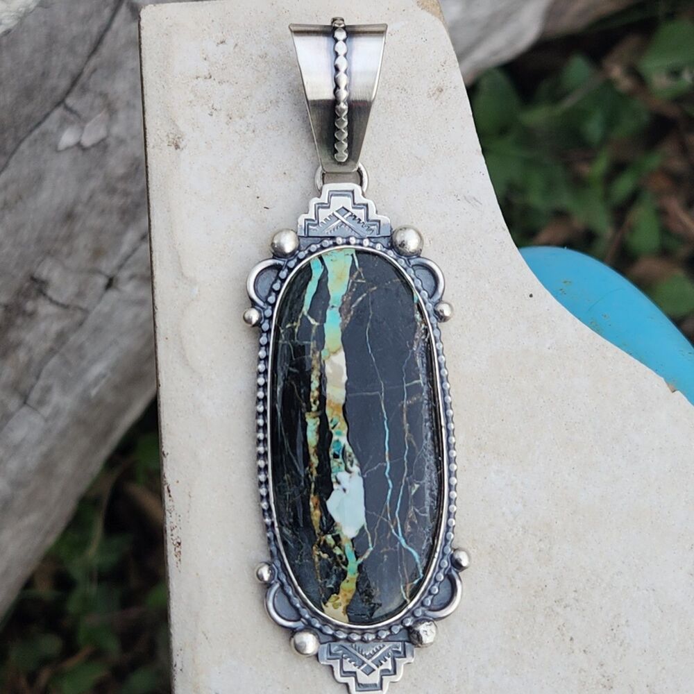 Blackjack Turquoise Navajo Mary Ellen signed handmade USA native pendant - Picture 3 of 9